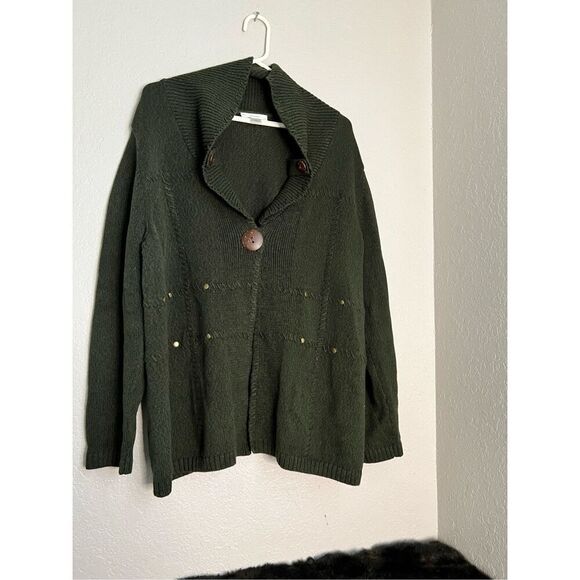 Christopher & Banks Womens 2x Shawl Collar Cardigan Sweater Cotton LS Studs Gree - Picture 1 of 4